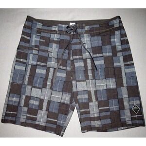 Men's prAna UPF 50+‎ Stretch Draw String Gray Check Swim Board Shorts sz. 36